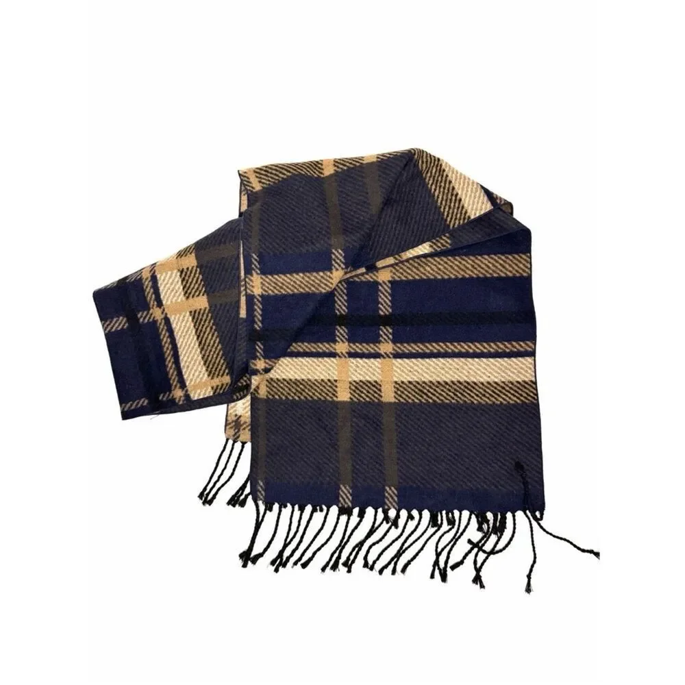 Club Room Silk Scarf Brushed Wool Feel Navy Tan Plaid Fringe Soft Warm 67x12